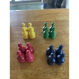 PARCHEESI 16 Wooden Colored Pawn Pieces VTG Selchow & Righter WOOD PAWNS